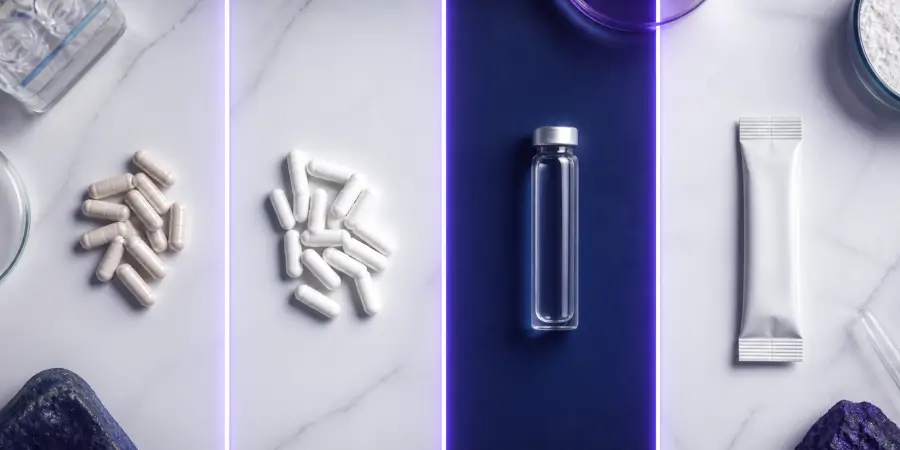Four unbranded formats representing NR, NMN, direct NAD and an all-in-one powder