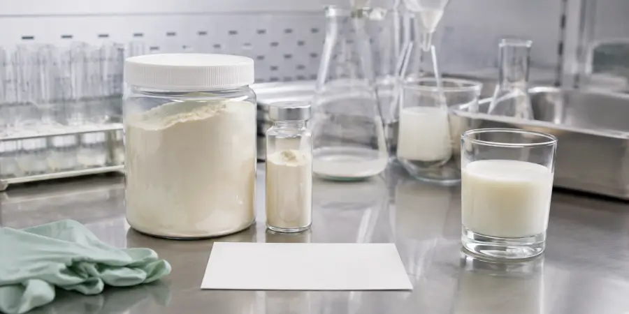 Unbranded colostrum sample jar, laboratory equipment, blank batch card and a separate glass of milk