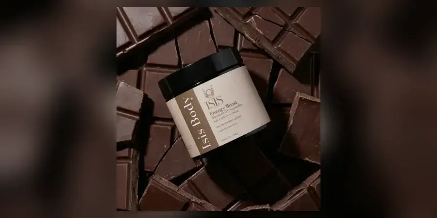 Isis Superfood Energy Boost mocha powder jar with dark chocolate