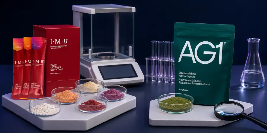 IM8 and AG1 packages beside measured powders, a laboratory scale and magnifying glass