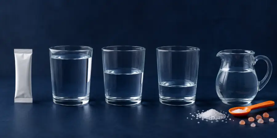 Plain electrolyte sachet beside three glasses with different water volumes and mineral crystals