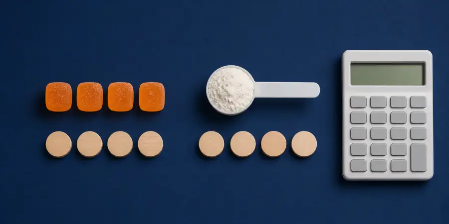 Four creatine gummies, a measured powder scoop, serving tokens and a blank calculator