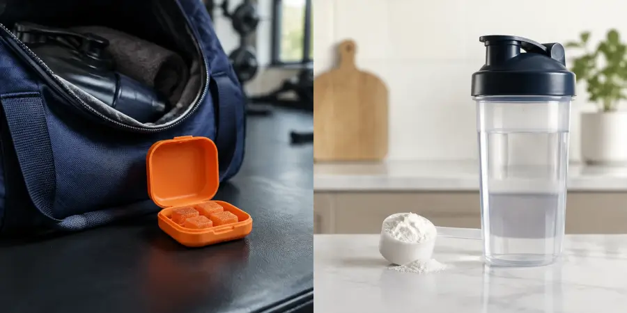 Creatine gummies in a travel case beside a gym bag compared with powder and a shaker at home