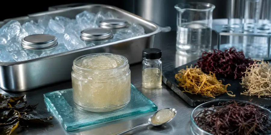 Sea moss gel, seaweed samples, chilled storage and laboratory glassware used as quality-check symbols