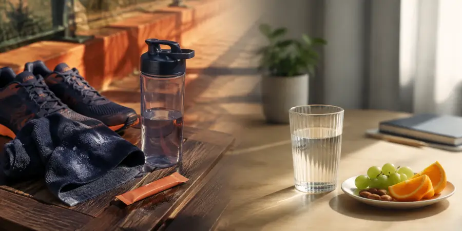 Outdoor training hydration setup compared with an ordinary water glass and balanced snack