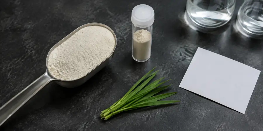 Colostrum powder scoop, sample vial, grass and blank documentation card on a clean bench