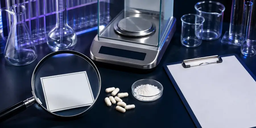 Magnifying glass, blank supplement card, capsules and laboratory equipment used for label review
