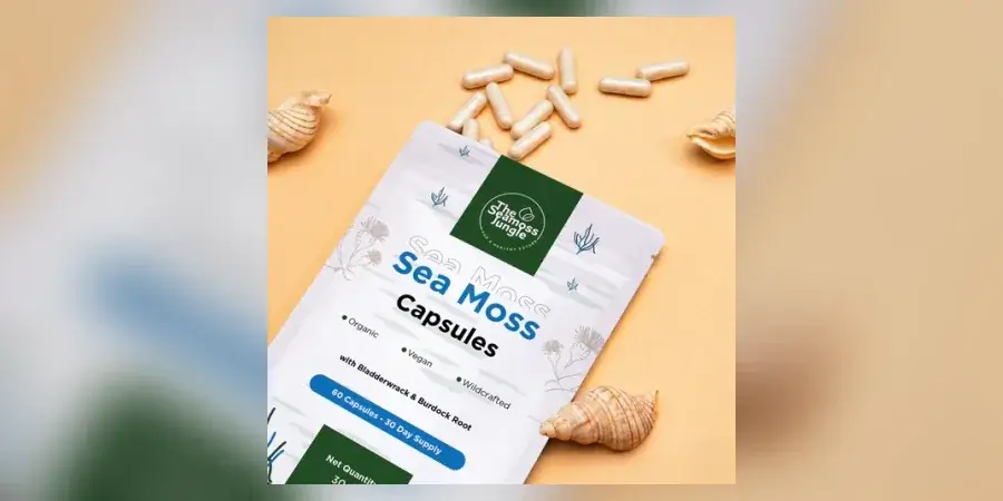 The Seamoss Jungle sea moss capsule pouch with capsules