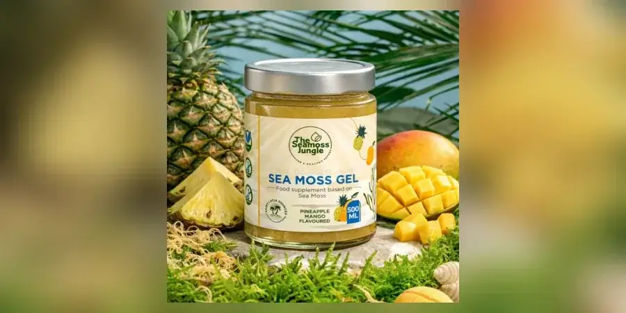 The Seamoss Jungle pineapple mango sea moss gel jar with tropical fruit