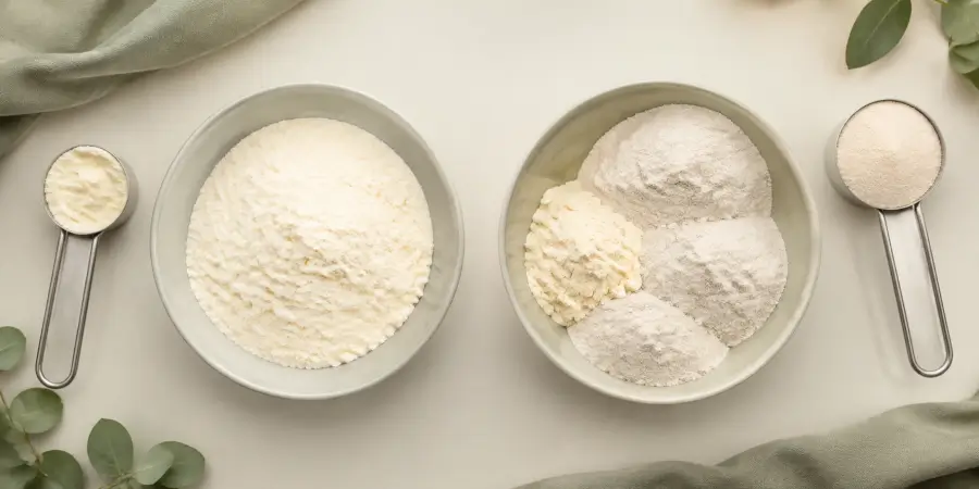 Pure colostrum powder compared with a bowl showing a smaller colostrum portion and larger collagen portions