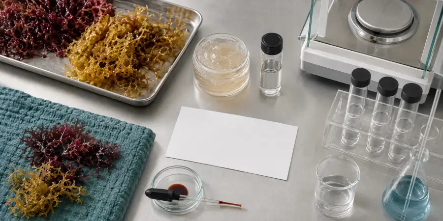 Red and golden seaweed samples arranged with laboratory testing equipment and blank batch documentation