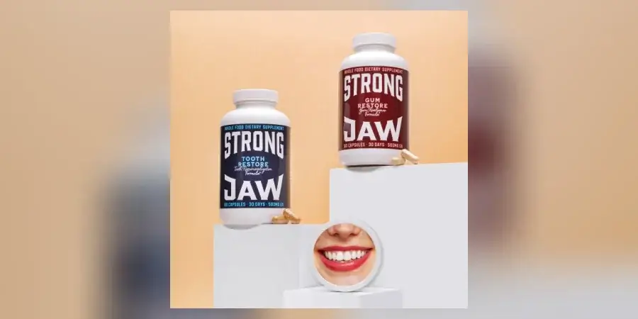 Strong Jaw Tooth Restore and Gum Restore supplement bottles