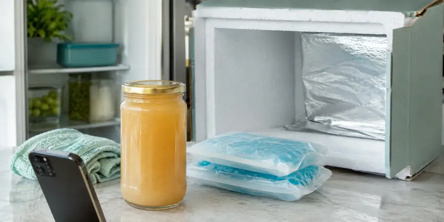 Sealed sea moss gel jar, cold packs and insulated packaging being documented after delivery