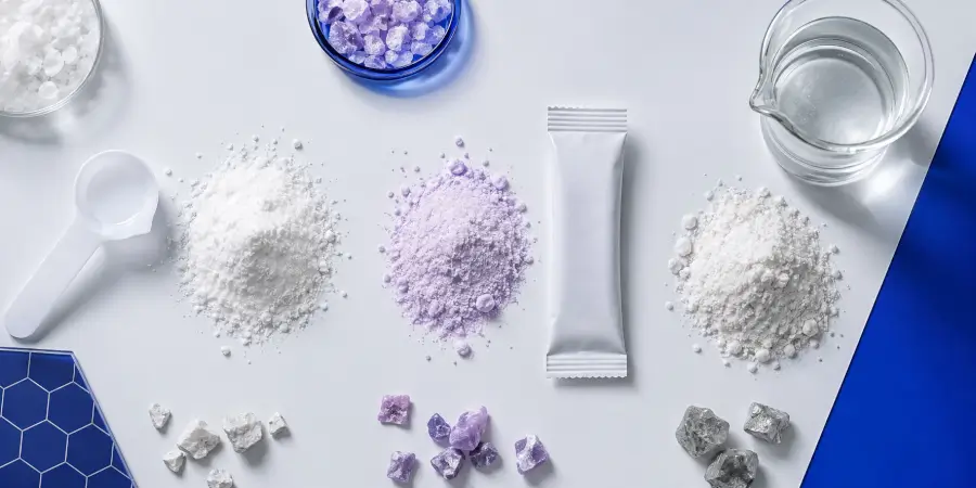 Three electrolyte powder portions arranged with glassware for a label comparison