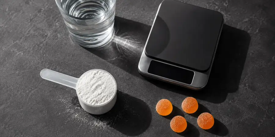 Creatine powder and four gummies arranged beside a scale for serving-size comparison